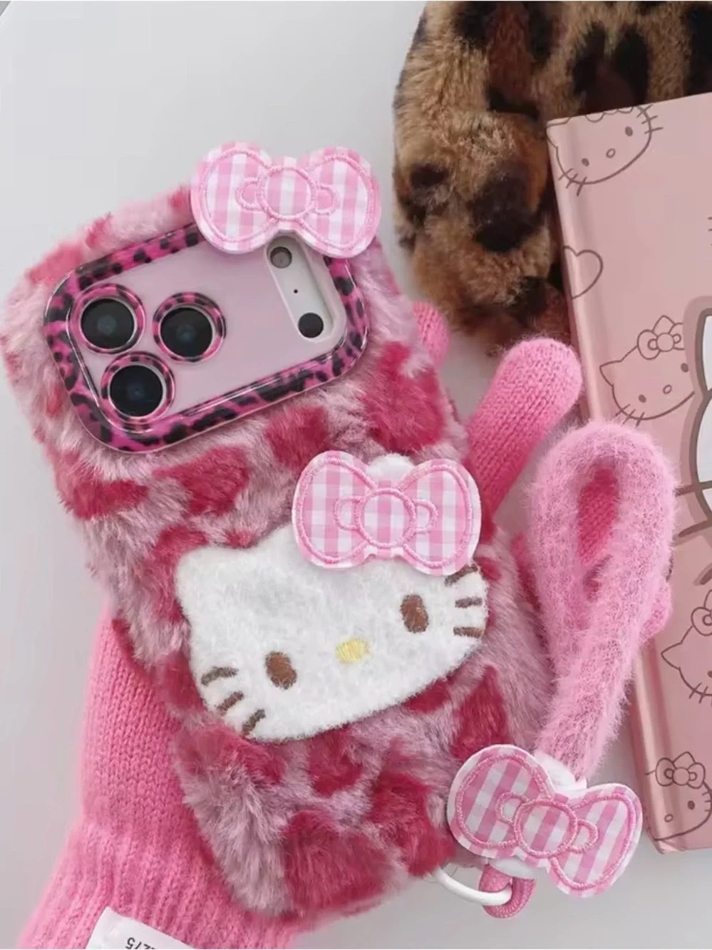 Pink Fur Hello Kitty Phone Case with Bow Accent